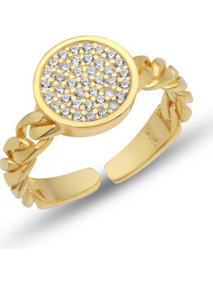 Inure Jewelry Gümüş Ayarlanabilir Gold Yuvarlak Zirkon Taşlı Kadın Yüzük