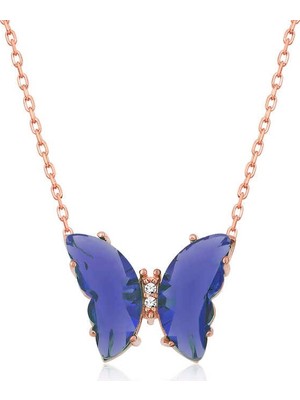 Inure Jewelry ​Gümüş Rose Mavi Cam Kelebek Kolye