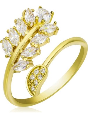 Inure Jewelry Gümüş Gold Ayarlanabilir Beyaz Taşlı Yaprak Kadın Yüzük