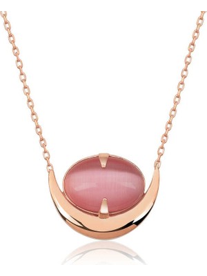 Inure Jewelry Gümüş Pembe Kedi Gözü Taşlı Hilal Kolye