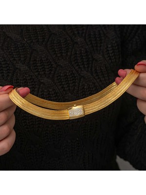 Inure Jewelry Gümüş Gold Zirkon Taşlı Trabzon Hasır Kadın Kolye