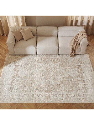 Cool Halı Private Xw Krem Bej Vintage Halı Soft Şönil Dokuma Yıkanabilir Modern Klasik Eskitme Salon Halısı