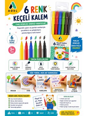 Adel Keçeli Kalem 6 Renk Dayanıklı ve Parlak Renklerle Kağıt ve Karton İçin Uygun