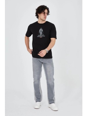 Velmora Fashion Erkek Baskılı T-Shirt Kısa Kol Bisiklet Yaka Regular Fit Rahat Kalıp Günlük Tişört - Siyah