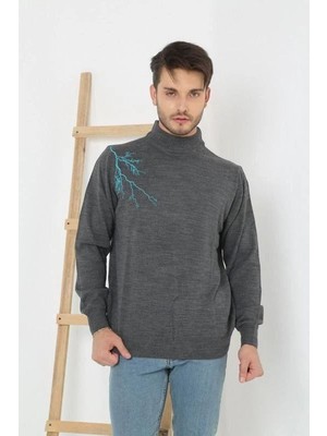 Velmora Fashion Erkek Yarım Bağazlı Kazak Baskılı Dokuma Triko - Füme