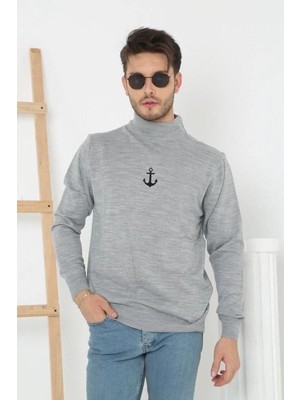 Velmora Fashion Erkek Yarım Bağazlı Kazak Baskılı Dokuma Triko -  Gri