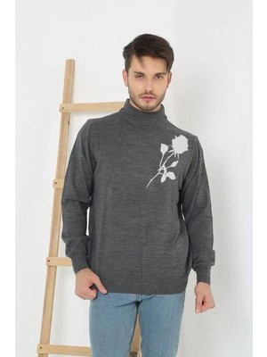 Velmora Fashion Erkek Yarım Bağazlı Kazak Baskılı Dokuma Triko - Füme