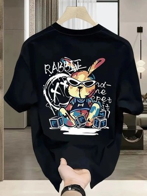 Velmora Fashion Erkek T-Shirt Tavşan Baskılı Kısa Kollu Tişört - Siyah