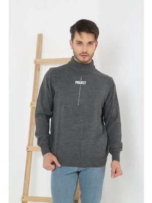 Velmora Fashion Erkek Yarım Bağazlı Kazak Baskılı Dokuma Triko - Füme