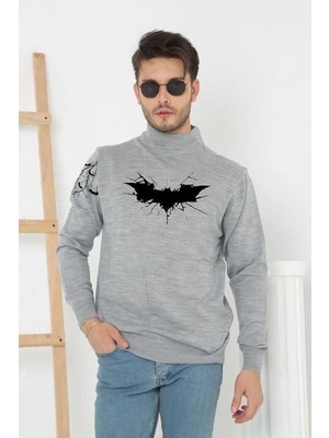 Velmora Fashion Erkek Yarım Bağazlı Kazak Baskılı Dokuma Triko - Gri