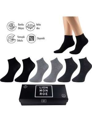 Lion Monroe Saf Bambu Yazlık Erkek Yarım Konç Düz Kısa Siyah Çorap Dikişsiz Premium Hediye Kutulu 6'lı Softaura Series L5952AZNP