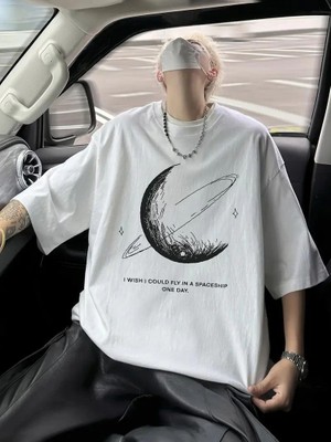 Velmora Fashion Erkek Baskılı Tişört Kısa Kol Bisiklet Yaka Oversize T-Shirt - Beyaz