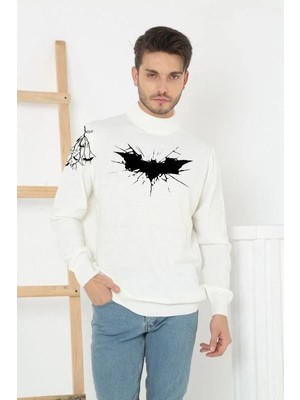 Velmora Fashion Erkek Yarım Bağazlı Kazak Baskılı Dokuma Triko - Beyaz