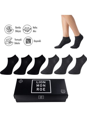 Lion Monroe Saf Bambu Yazlık Erkek Patik Düz Kısa Siyah Çorap Dikişsiz Premium Hediye Kutulu 6'lı Softaura Series L5952AZNP