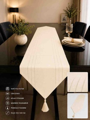 Burku Runner Leke Tutmaz Dertsiz Krem Kumaş Dekoratif Çeyiz 35X140