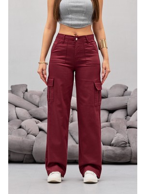 Bikelife Bordo Kargo Cepli Likralı Yüksek Bel Wide Leg Pantolon