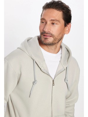 Tudors Unisex Relax Fit Rahat Kesim Pamuklu İçi Polarlı Çift Cepli Fermuarlı Taş Renk Kapüşonlu Sweatshirt