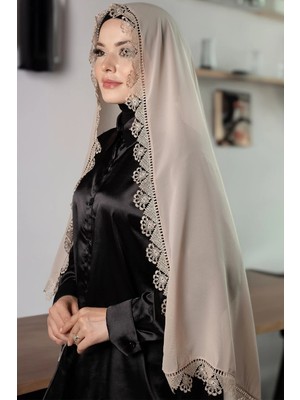 Hürrem Bone Bej Namaz Başörtüsü Şal Şifon Kumaş Güpürlü 202106_12