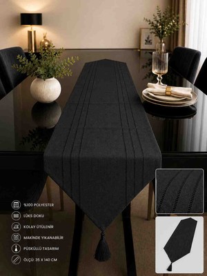 Burku Runner Leke Tutmaz Dertsiz Siyah Kumaş Dekoratif Çeyiz 35X140