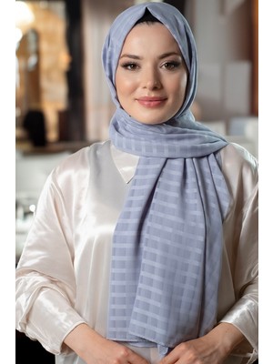 Hürrem Bone İndigo  Desenli Şal Şifon Kumaş Kareli Çizgili 202107_34