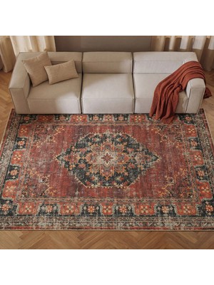 Cool Halı Private Xw Kiremit Rengi Eskitme Vintage Halı Modern Yıkanabilir Etnik Desenli Bohem Salon Halısı