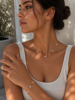 Atalya Accessory Mini Model Gold Renk Beyaz Taşlı Bileklik ve Kolye Ikili Set - Kararmaz, Çift Taraflı - Kutulu