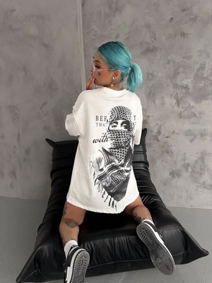Velmora Fashion Kadın Kısa Kol Tişört Bisiklet Yaka Filistin Poşülü Baskılı T-Shirt - Beyaz