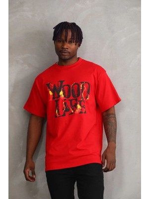 Velmora Fashion Erkek Baskılı T-Shirt Kısa Kol Bisiklet Yaka Rahat Kalıp Tişört - Kırmızı
