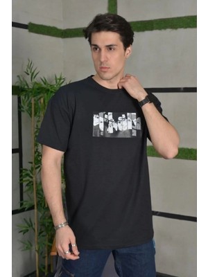 Velmora Fashion Erkek Kısa Kol Yazlık Tişört Bisiklet Yaka Baskılı Oversize T-Shirt - Siyah
