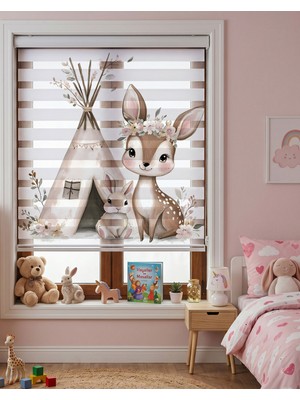 Adhome Çadırda Geyik ve Tavşan Dijital Baskılı Boho Zebra Perde | Ölçü: 100 x 180