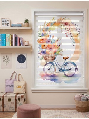 Adhome Bahar Çiçekleri Sepetli Vintage Mavi Bisiklet Desenli Dijital Baskılı Zebra Perde | Ölçü: 30 x 30