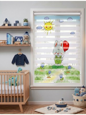 Adhome Kırmızı Balonlu Sevimli Tavşan Dijital Baskılı Çocuk Odası Zebra Perde | Ölçü: 30 x 30