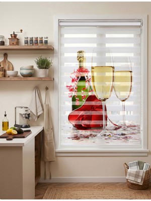 Adhome Şampanya Kadehleri ve Kırmızı Kalp Kutu Dijital Baskılı Romantik Zebra Perde | Ölçü: 30 x 30