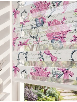 Adhome Vintage Antika Anahtar ve Pembe Çiçekler Dijital Baskılı Lüks Shabby Chic Zebra Perde | Ölçü: 30 x 30