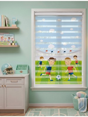 Adhome Futbol Oynayan Çocuklar ve Stadyum Dijital Baskılı Lüks Çocuk Odası Zebra Perde | Ölçü: 30 x 30