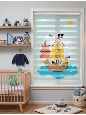 Adhome Sevimli Okyanus Macerası Korsan Gemisi Dijital Baskılı Lüks Bebek Odası Zebra Perde | Ölçü: 30 x 30