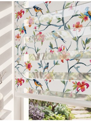 Adhome Suluboya Kuşlar ve Çiçek Dalları Dijital Baskılı Doğa Temalı Lüks Zebra Perde | Ölçü: 30 x 30