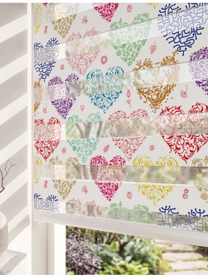 Adhome Rengarenk Çiçekli Kalpler Dijital Baskılı Lüks Romantik Yatak Odası Zebra Perde | Ölçü: 30 x 30