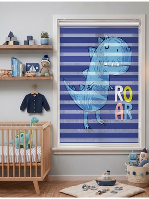 Adhome Kükreyen Mavi T-Rex Roar Yazılı Dijital Baskılı Çocuk Odası Zebra Perde | Ölçü: 30 x 30