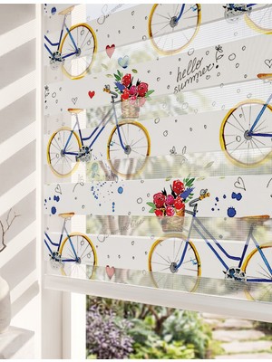 Adhome Vintage Bisiklet Kırmızı Güller Dijital Baskılı Çiçekli Zebra Perde | Ölçü: 30 x 30