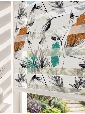Adhome Sanatsal Turkuaz ve Bakır Yapraklar Dijital Baskılı Modern Zebra Perde | Ölçü: 30 x 30