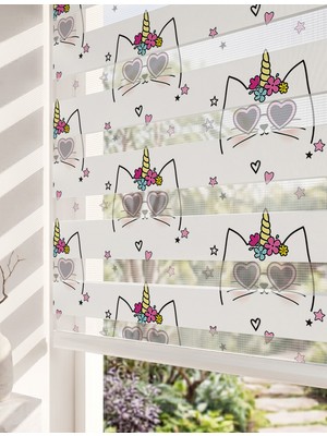 Adhome Kalp Gözlüklü Unicorn Kedi Dijital Baskılı Kız Çocuk Odası Zebra Perde | Ölçü: 30 x 30