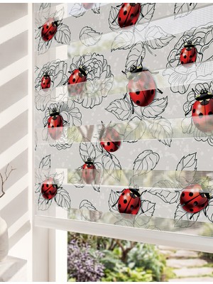 Adhome Uğur Böcekleri ve Eskiz Güller Dijital Baskılı Doğal Zebra Perde | Ölçü: 30 x 30