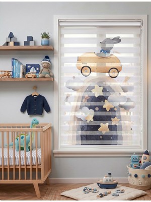Adhome Gece Temalı Sarı Arabalı Tavşan Desenli Çocuk Odası Dijital Baskılı Zebra Perde | Ölçü: 30 x 30