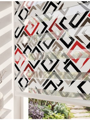 Adhome Kırmızı Siyah Gri Soyut Geometrik Kareler Dijital Baskılı Lüks Modern Zebra Perde | Ölçü: 30 x 30