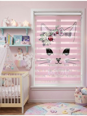 Adhome Çiçek Taçlı Pembe Kedi Desenli Dijital Baskılı Kız Çocuk Odası Zebra Perde | Ölçü: 30 x 30