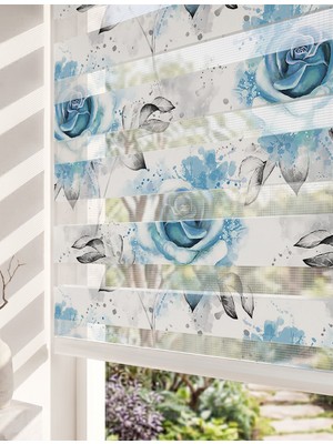 Adhome Suluboya Mavi Gül Dijital Baskılı Estetik Floral Zebra Perde | Ölçü: 30 x 30