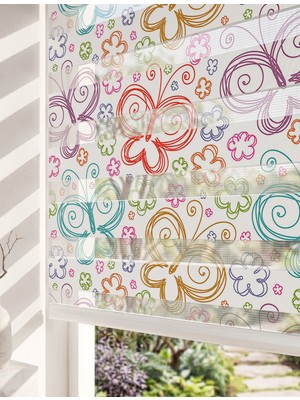 Adhome Renkli Karalama Kelebekler Çiçekler Dijital Baskılı Kız Çocuk Odası Zebra Perde | Ölçü: 30 x 30