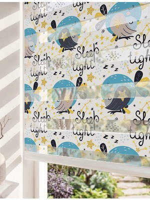 Adhome Sevimli Uyuyan Mavi Kuşlar ve Yıldızlar Dijital Baskılı Lüks Bebek Odası Zebra Perde | Ölçü: 30 x 30