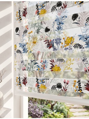 Adhome Sarı ve Mor Kır Çiçekleri Dijital Baskılı Lüks Vintage Botanik Zebra Perde | Ölçü: 100 x 180
